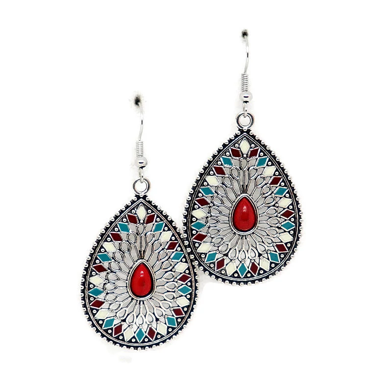 Fém fülbevaló - csepp, piros betéttel