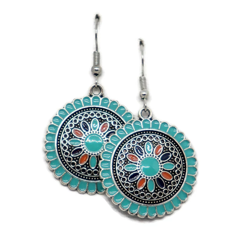 Fém fülbevaló – kerek virág türkizkék