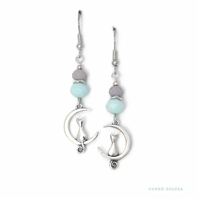 Üveggyöngyös fülbevaló – cicás, holdas