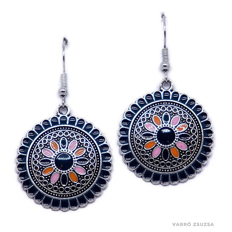 Fém fülbevaló – kerek virág sötétkék