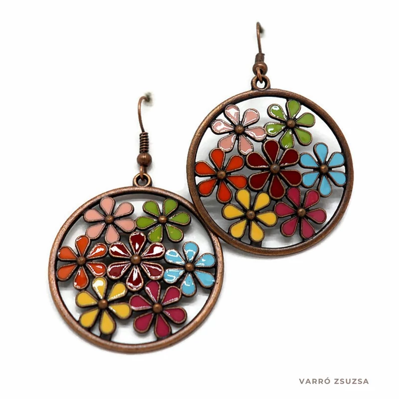 Fém fülbevaló - szines virágos
