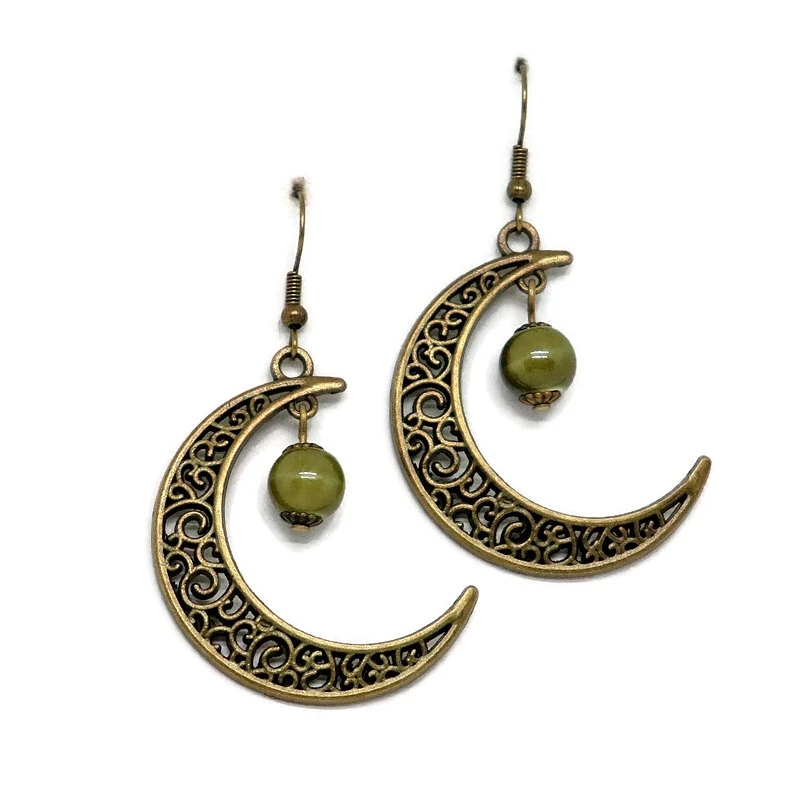 Kerámia, holdas fülbevaló, olívazöld