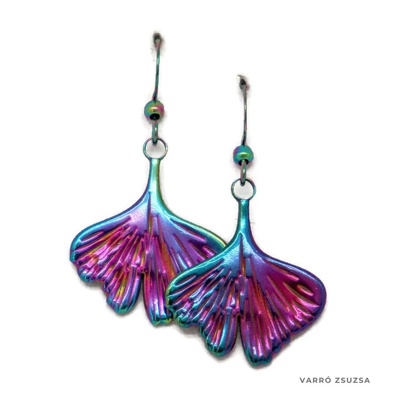 Szivárvány acél fülbevaló – Ginkgo biloba levél