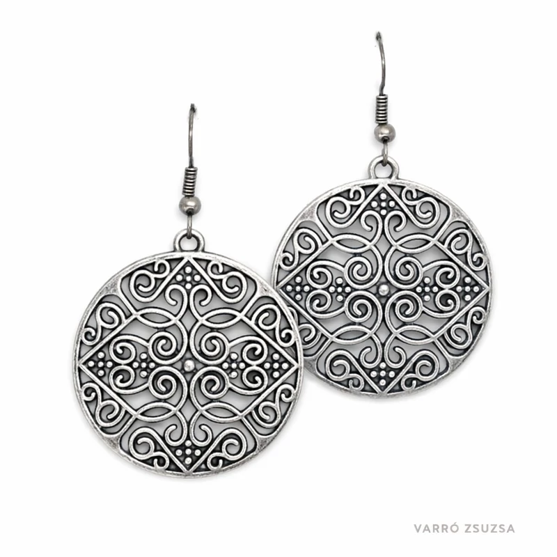 Fém fülbevaló - antik ezüst, kerek