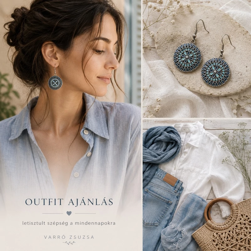Fém fülbevaló – kerek, virágos, kék